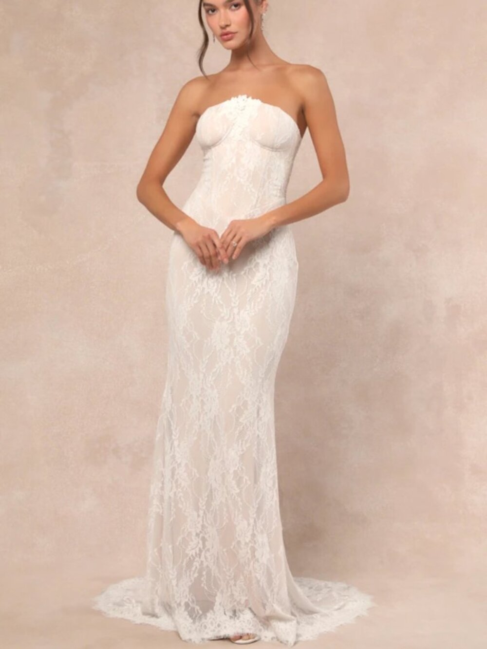 Lulus Valeria White Lace Strapless Bustier Mermaid Wedding Dress L NWT